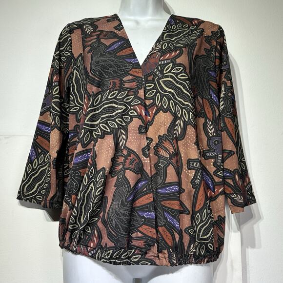 LOB Lizard Peacock African Print long sleeve V-neck Button blouse Size 3 - Picture 1 of 10
